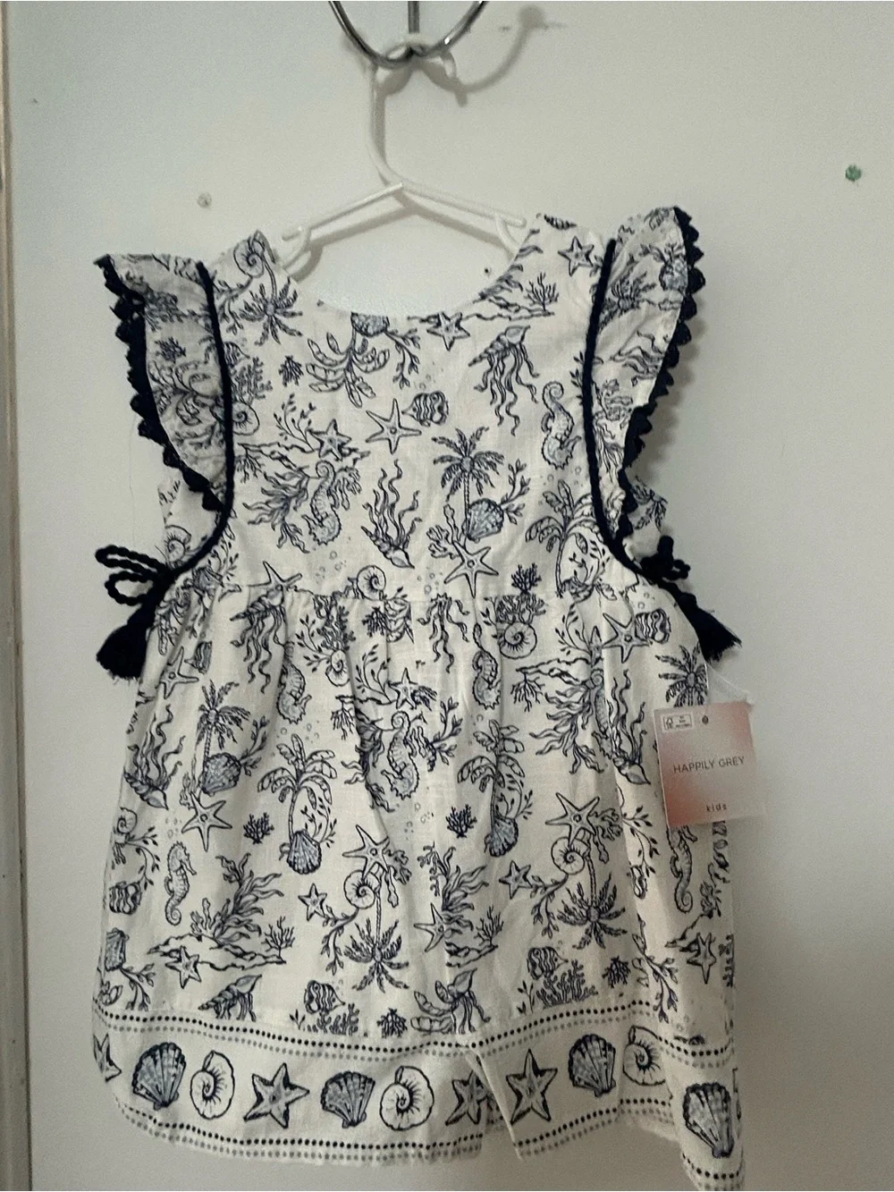 Girls Nautical Print Dress with Navy Trim
